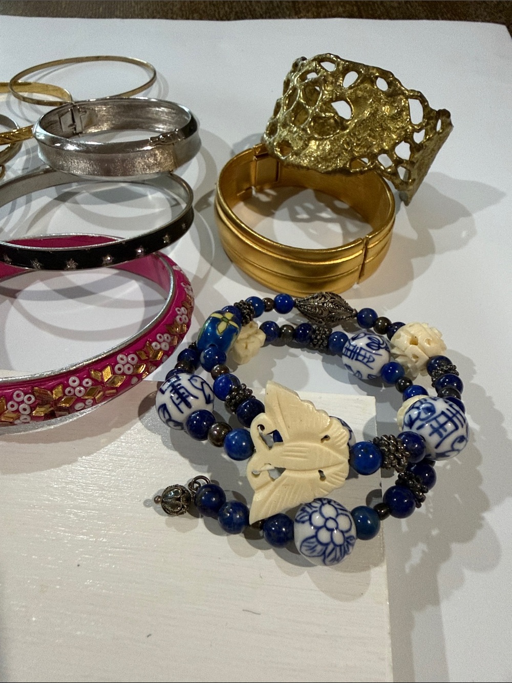 Vintage Women’s Bangle Cuff Bracelet Mix Lot of 12- Swirl Ceramic painted craved